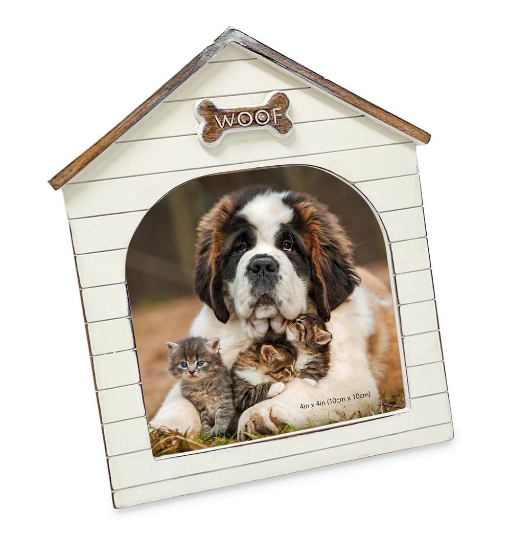 Isaac Jacobs Resin Sentiments Woof Doghouse Frame, Vertical Keepsake Photo Frame with Easel and Hanging Tabs for Tabletop, Desktop & Wall Display_#color_natural