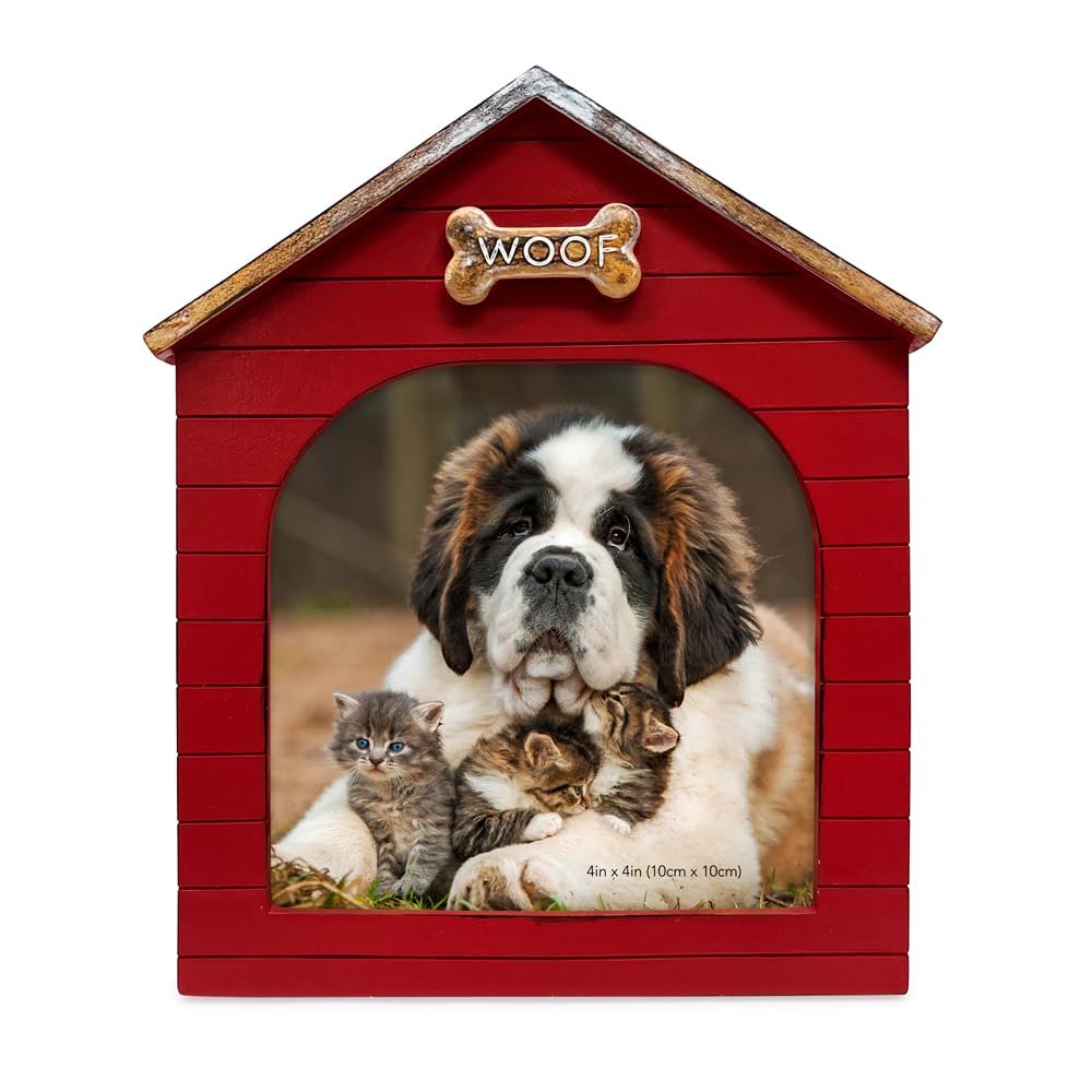 Isaac Jacobs Resin Sentiments Woof Doghouse Frame, Vertical Keepsake Photo Frame with Easel and Hanging Tabs for Tabletop, Desktop &amp; Wall Display_