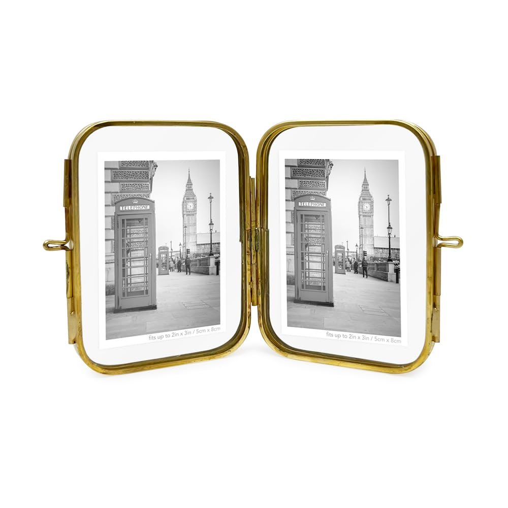 Isaac Jacobs Vintage Style, Double-Sided Round-Edged Brass &amp; Glass Metal Floating Picture Frame with Locket Closure (Vertical), Made for Tabletop Display_