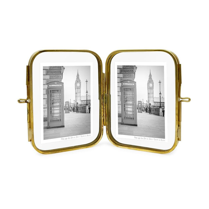 Isaac Jacobs Vintage Style, Double-Sided Round-Edged Brass &amp; Glass Metal Floating Picture Frame with Locket Closure (Vertical), Made for Tabletop Display_