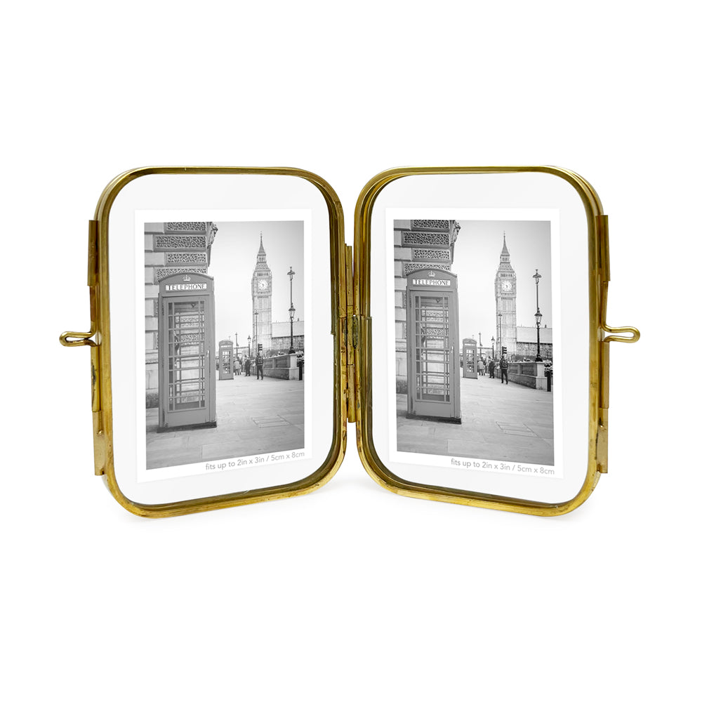 Isaac Jacobs Vintage Style, Double-Sided Round-Edged Brass & Glass Metal Floating Picture Frame with Locket Closure (Vertical), Made for Tabletop Display_#color_Antique_Gold_2x3
