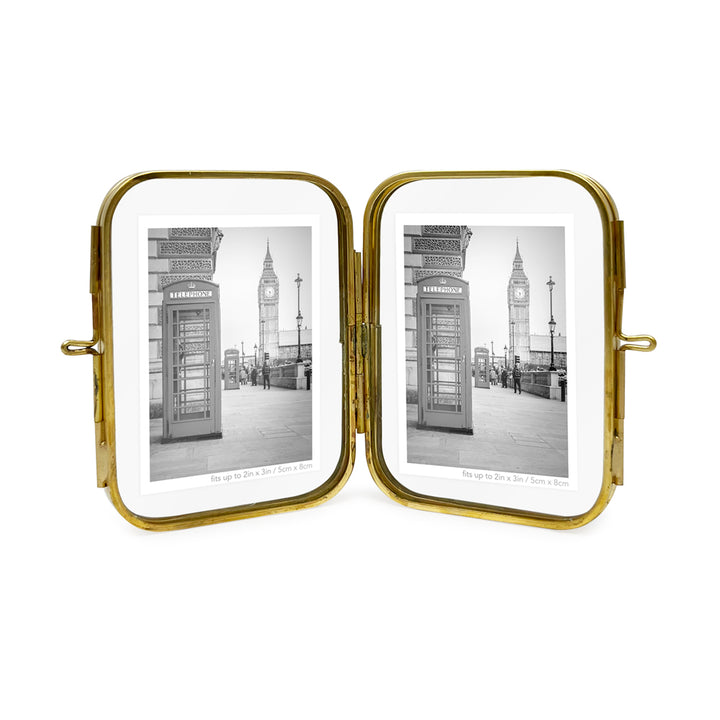 Isaac Jacobs Vintage Style, Double-Sided Round-Edged Brass &amp; Glass Metal Floating Picture Frame with Locket Closure (Vertical), Made for Tabletop Display_
