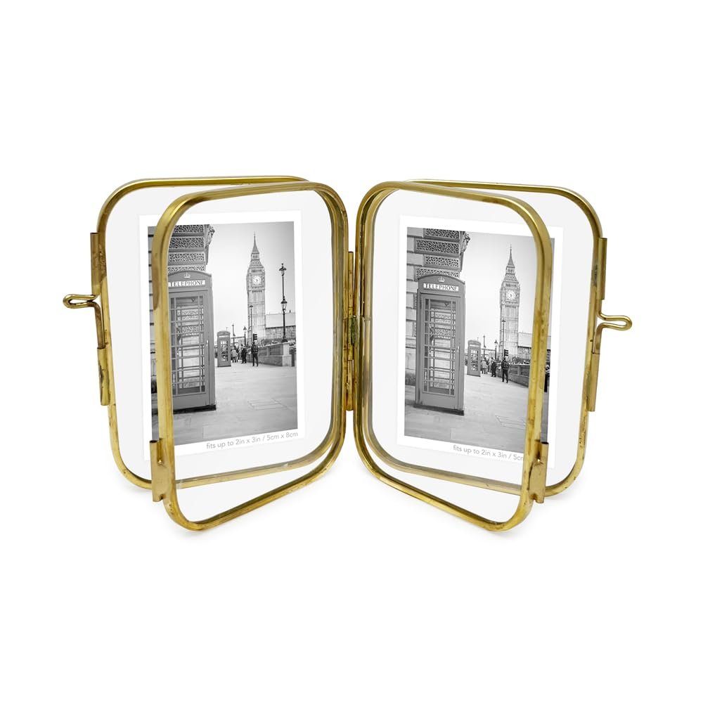 Isaac Jacobs Vintage Style, Double-Sided Round-Edged Brass &amp; Glass Metal Floating Picture Frame with Locket Closure (Vertical), Made for Tabletop Display_