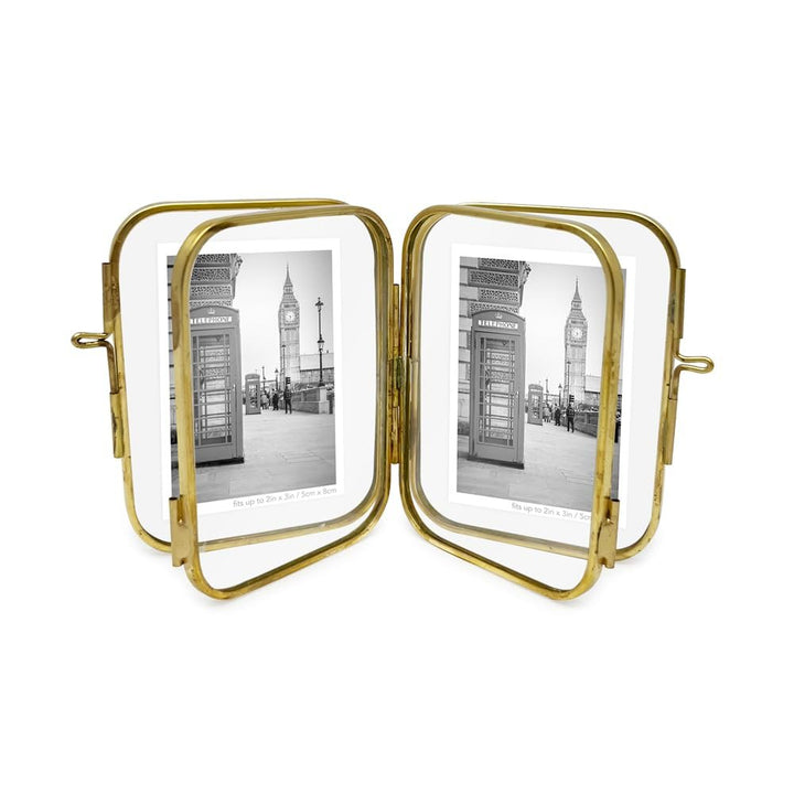 Isaac Jacobs Vintage Style, Double-Sided Round-Edged Brass &amp; Glass Metal Floating Picture Frame with Locket Closure (Vertical), Made for Tabletop Display_