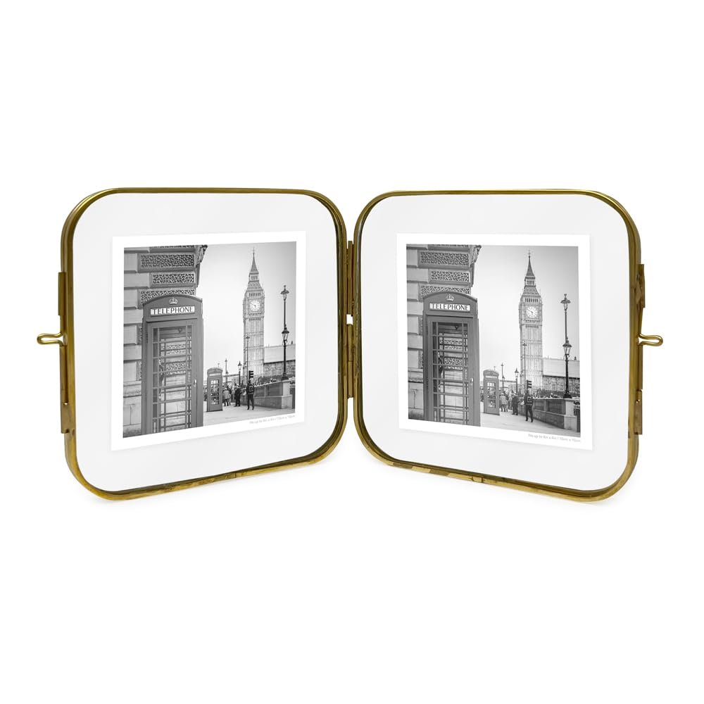 Isaac Jacobs Vintage Style, Double-Sided Round-Edged Brass &amp; Glass Metal Floating Picture Frame with Locket Closure (Vertical), Made for Tabletop Display_
