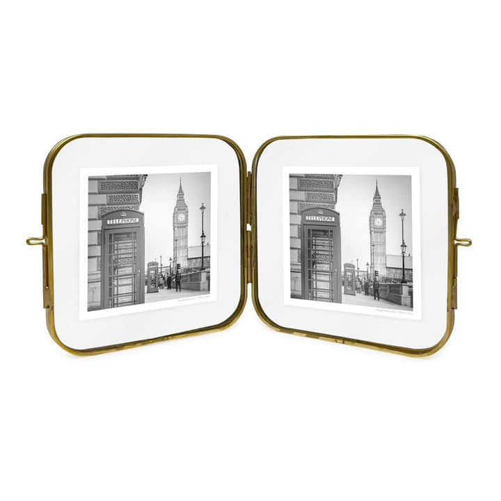 Isaac Jacobs Vintage Style, Double-Sided Round-Edged Brass &amp; Glass Metal Floating Picture Frame with Locket Closure (Vertical), Made for Tabletop Display_