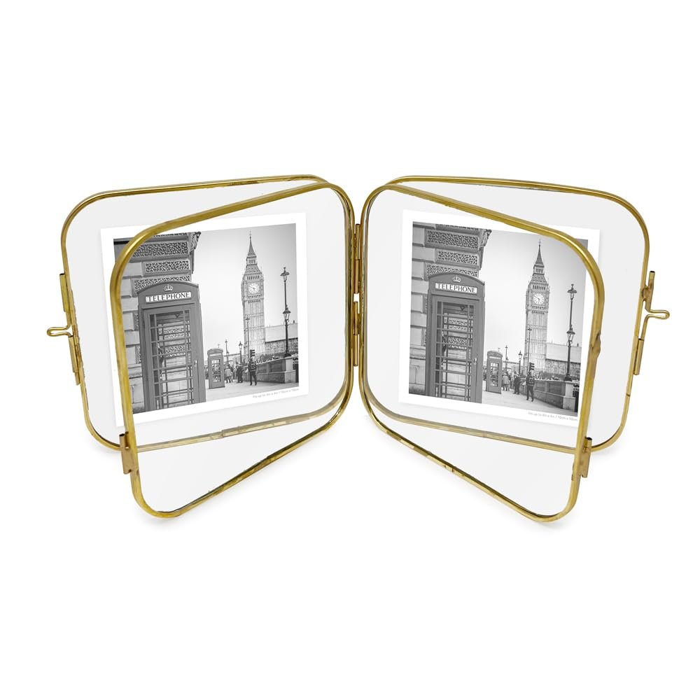Isaac Jacobs Vintage Style, Double-Sided Round-Edged Brass &amp; Glass Metal Floating Picture Frame with Locket Closure (Vertical), Made for Tabletop Display_