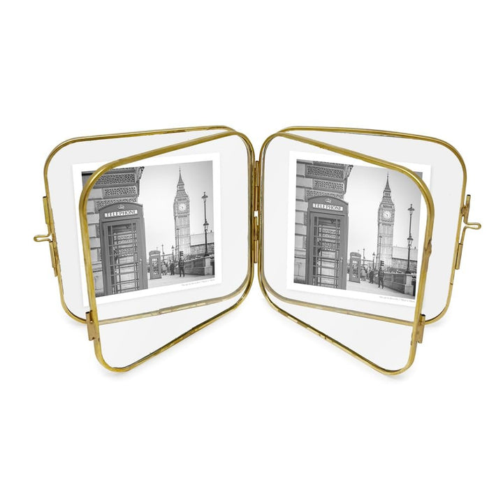 Isaac Jacobs Vintage Style, Double-Sided Round-Edged Brass &amp; Glass Metal Floating Picture Frame with Locket Closure (Vertical), Made for Tabletop Display_