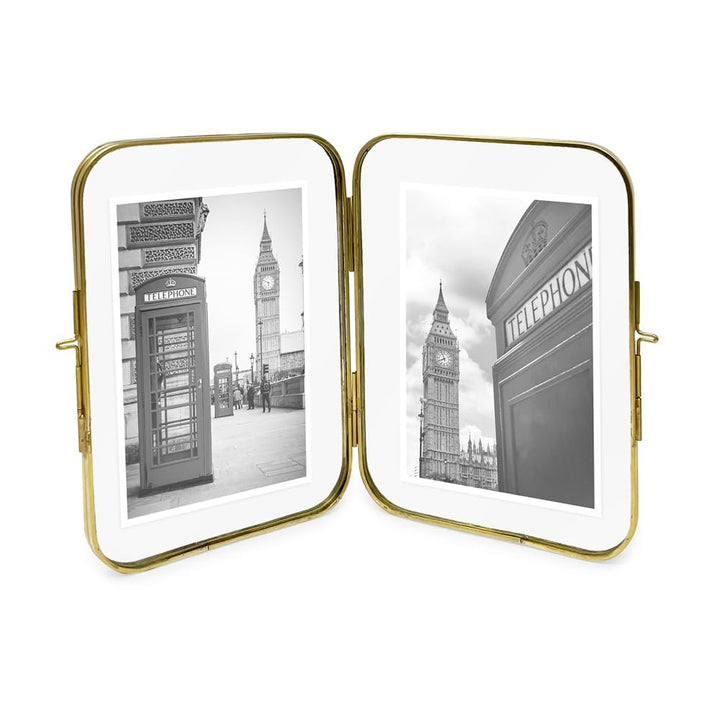 Isaac Jacobs Vintage Style, Double-Sided Round-Edged Brass &amp; Glass Metal Floating Picture Frame with Locket Closure (Vertical), Made for Tabletop Display_