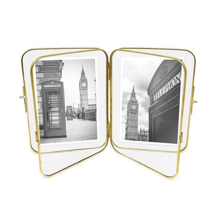 Isaac Jacobs Vintage Style, Double-Sided Round-Edged Brass &amp; Glass Metal Floating Picture Frame with Locket Closure (Vertical), Made for Tabletop Display_