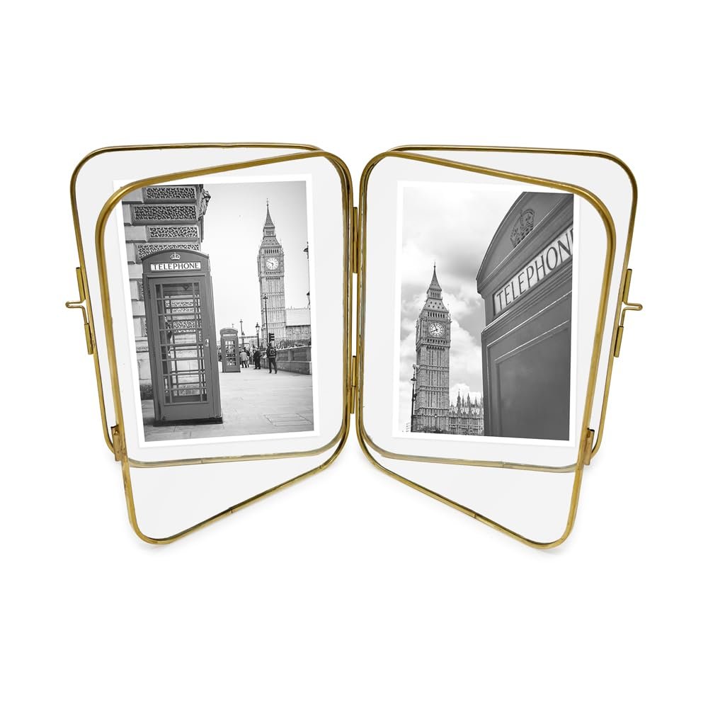 Isaac Jacobs Vintage Style, Double-Sided Round-Edged Brass &amp; Glass Metal Floating Picture Frame with Locket Closure (Vertical), Made for Tabletop Display_