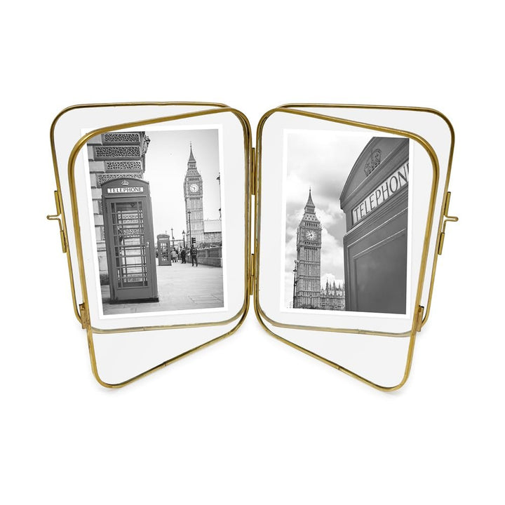 Isaac Jacobs Vintage Style, Double-Sided Round-Edged Brass &amp; Glass Metal Floating Picture Frame with Locket Closure (Vertical), Made for Tabletop Display_