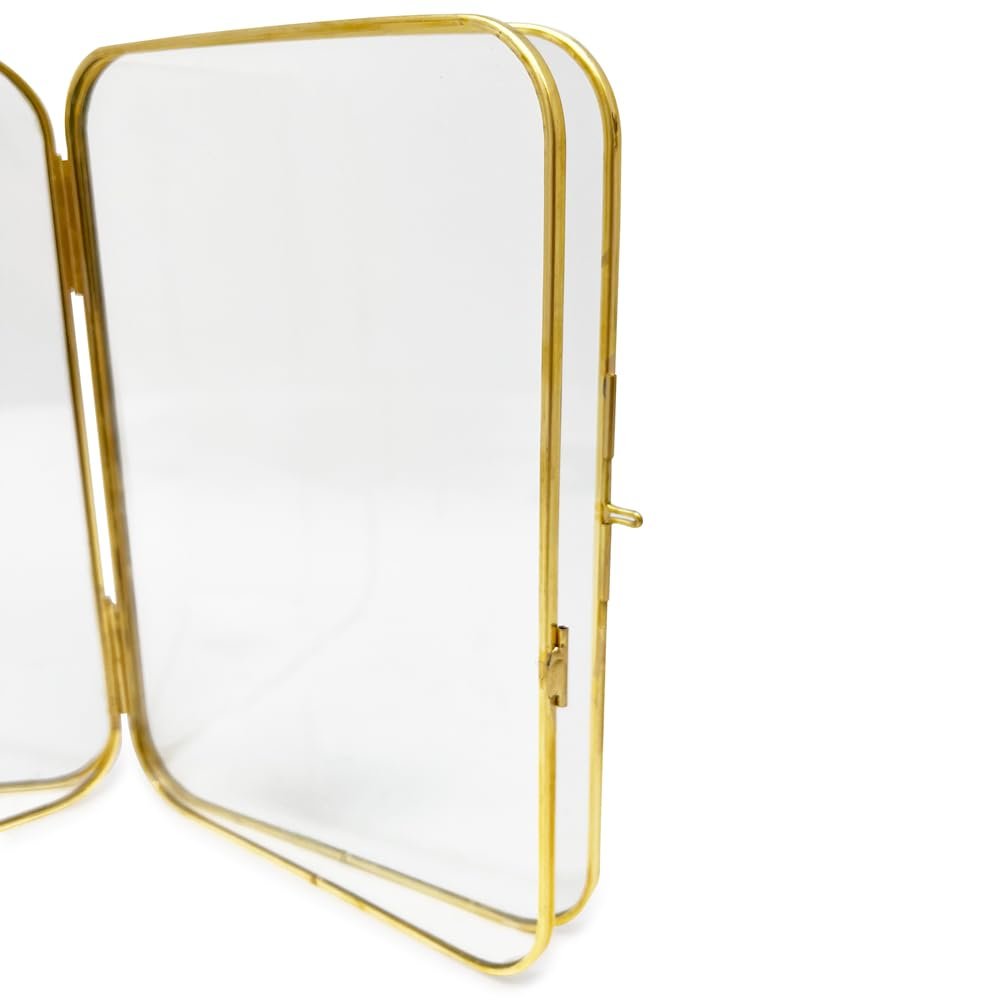 Isaac Jacobs Vintage Style, Double-Sided Round-Edged Brass &amp; Glass Metal Floating Picture Frame with Locket Closure (Vertical), Made for Tabletop Display_
