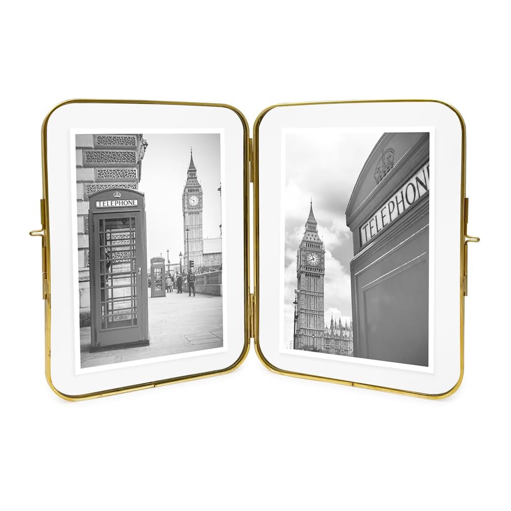Isaac Jacobs Vintage Style, Double-Sided Round-Edged Brass &amp; Glass Metal Floating Picture Frame with Locket Closure (Vertical), Made for Tabletop Display_