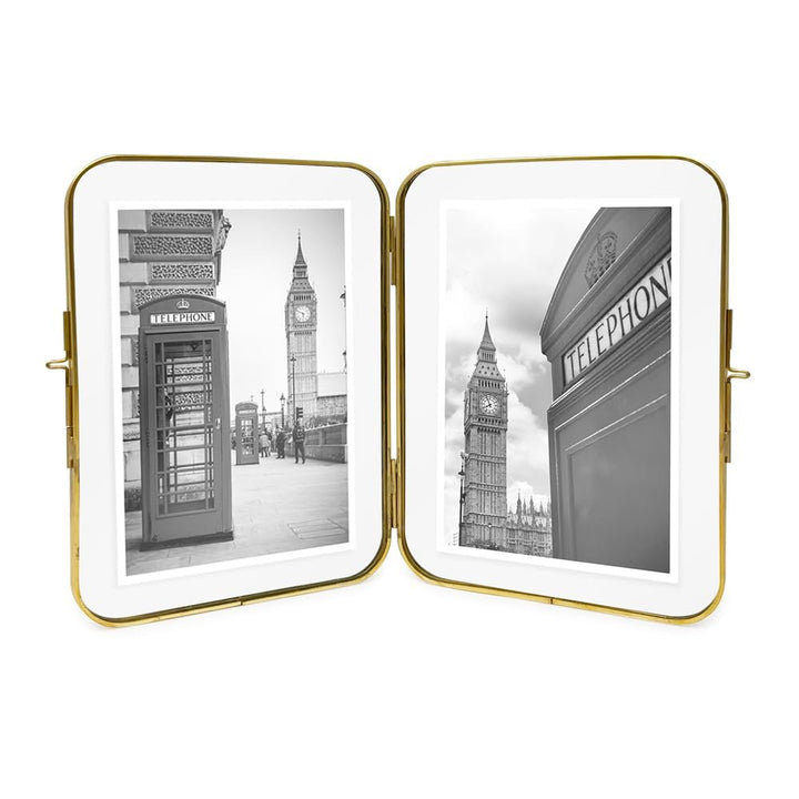 Isaac Jacobs Vintage Style, Double-Sided Round-Edged Brass &amp; Glass Metal Floating Picture Frame with Locket Closure (Vertical), Made for Tabletop Display_