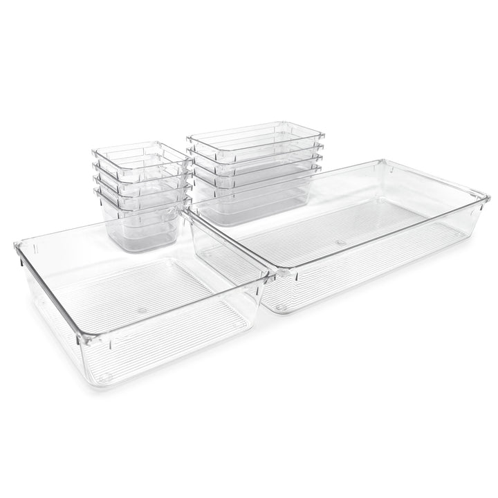 Isaac Jacobs Clear Drawer Organizer Set, Plastic Storage Bin, Multi-Use, Home, Office, Closet, Pantry, Bedroom, Bathroom, Kitchen