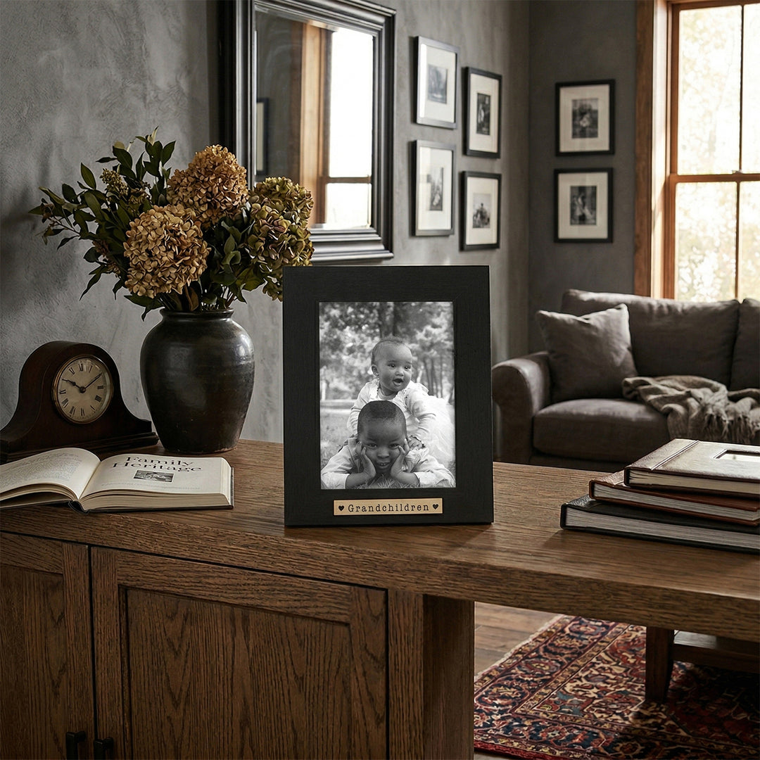 Isaac Jacobs Wood Sentiments "Grandchildren" Picture Frame, Keepsake Photo Frame with Easel and a Hanging Tabs for Tabletop, Desktop &amp; Wall Display 