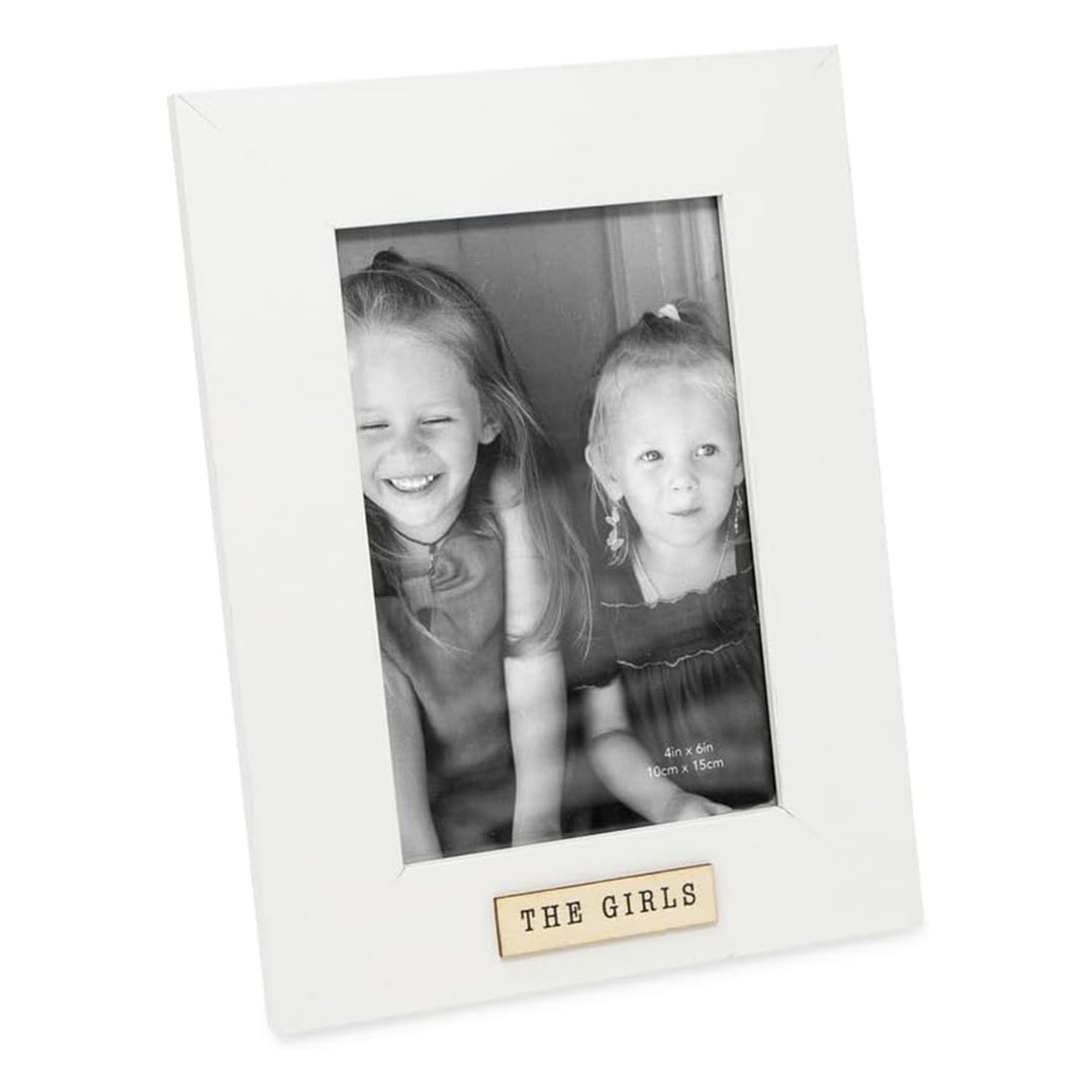 Isaac Jacobs Wood Sentiments "The Girls" Picture Frame, Keepsake Photo Frame with Easel and a Hanging Tab for Tabletop, Desktop & Wall Display_#color_white_4x6_vertical