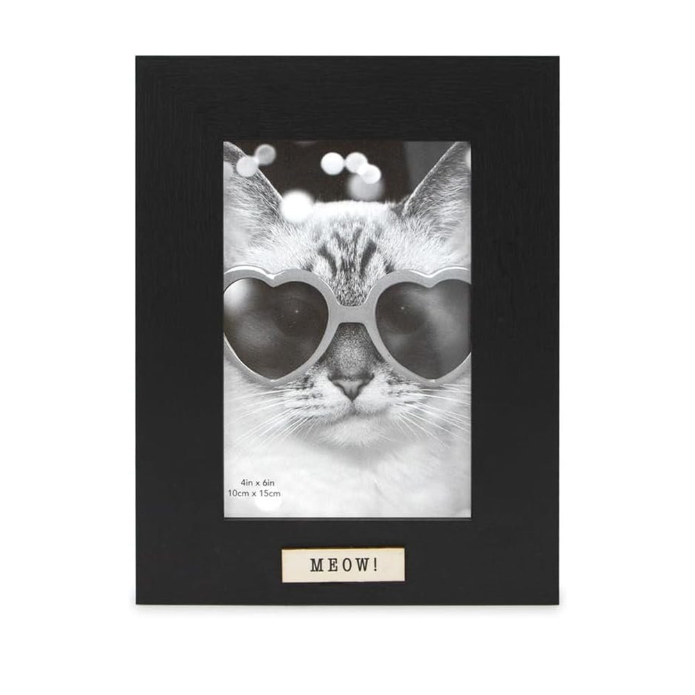 Isaac Jacobs Wood Sentiments Cat "Meow" Picture Frame, Keepsake Photo Frame with Easel and a Hanging Tabs for Tabletop, Desktop & Wall Display_#color_black_4x6_vertical