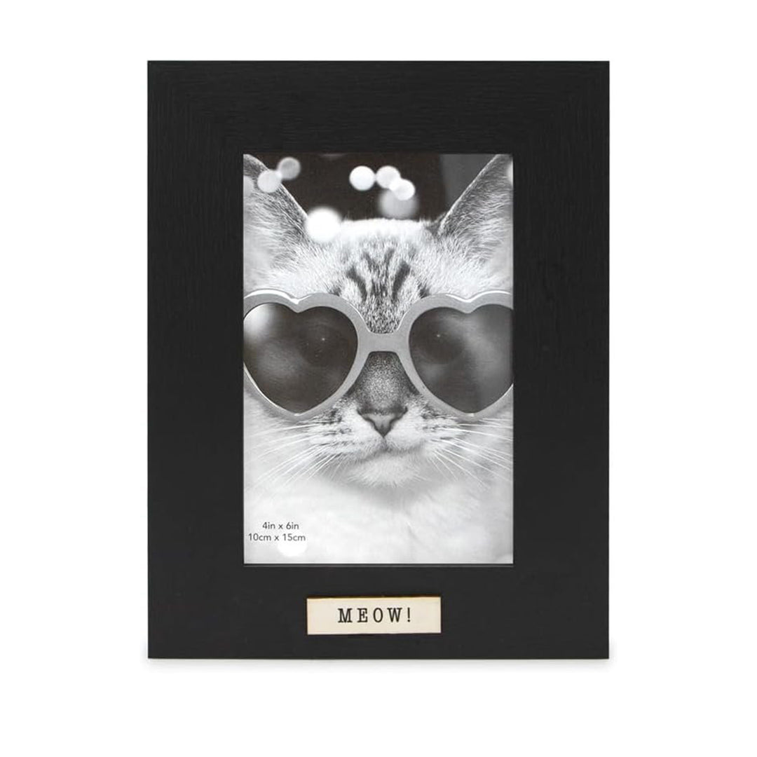 Isaac Jacobs Wood Sentiments Cat "Meow" Picture Frame, Keepsake Photo Frame with Easel and a Hanging Tabs for Tabletop, Desktop &amp; Wall Display_