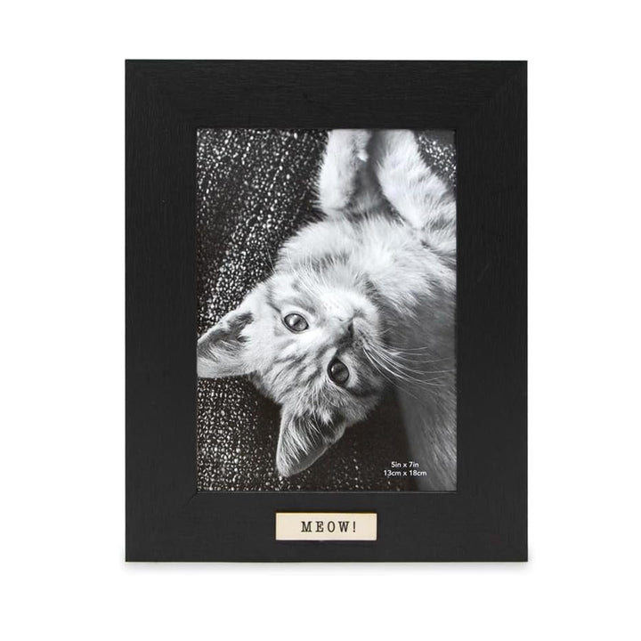 Isaac Jacobs Wood Sentiments Cat "Meow" Picture Frame, Keepsake Photo Frame with Easel and a Hanging Tabs for Tabletop, Desktop &amp; Wall Display_
