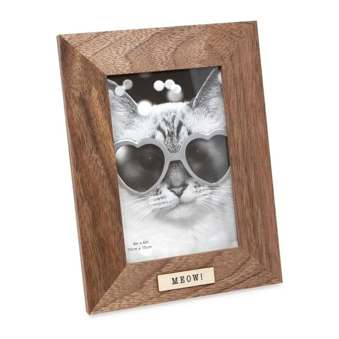 Isaac Jacobs Wood Sentiments Cat "Meow" Picture Frame, Keepsake Photo Frame with Easel and a Hanging Tabs for Tabletop, Desktop &amp; Wall Display_