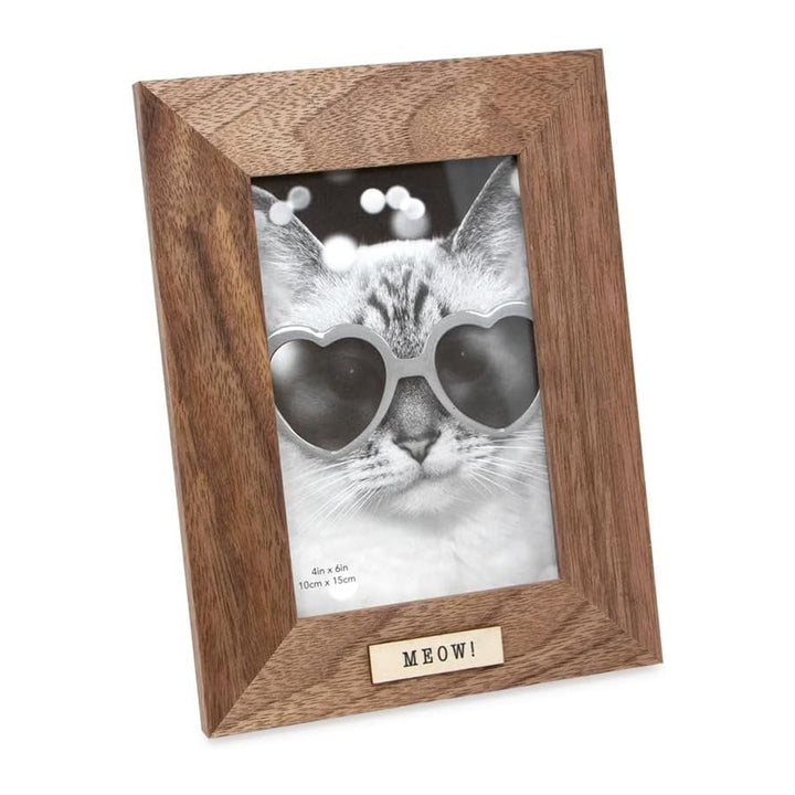 Isaac Jacobs Wood Sentiments Cat "Meow" Picture Frame, Keepsake Photo Frame with Easel and a Hanging Tabs for Tabletop, Desktop &amp; Wall Display_