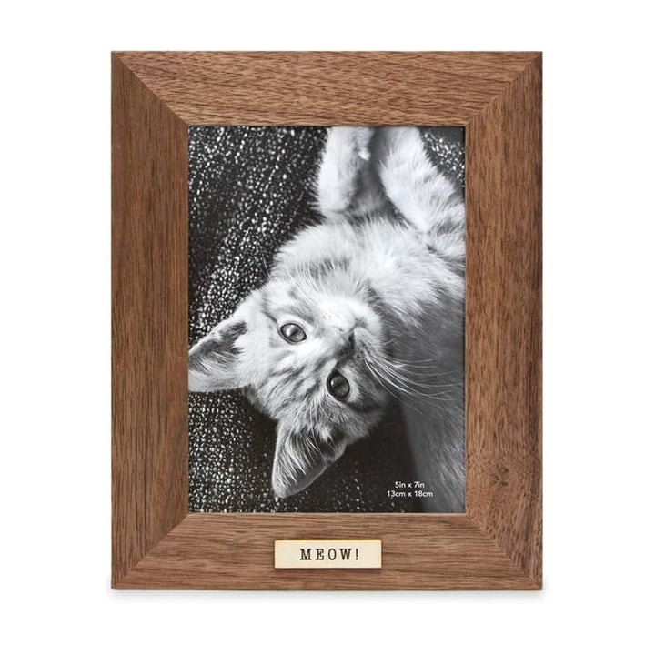 Isaac Jacobs Wood Sentiments Cat "Meow" Picture Frame, Keepsake Photo Frame with Easel and a Hanging Tabs for Tabletop, Desktop &amp; Wall Display