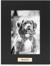 Isaac Jacobs Wood Sentiments Dog "Woof!" Picture Frame, Keepsake Photo Frame with Easel and a Hanging Tabs for Tabletop, Desktop & Wall Display_#color_black_4x6_vertical