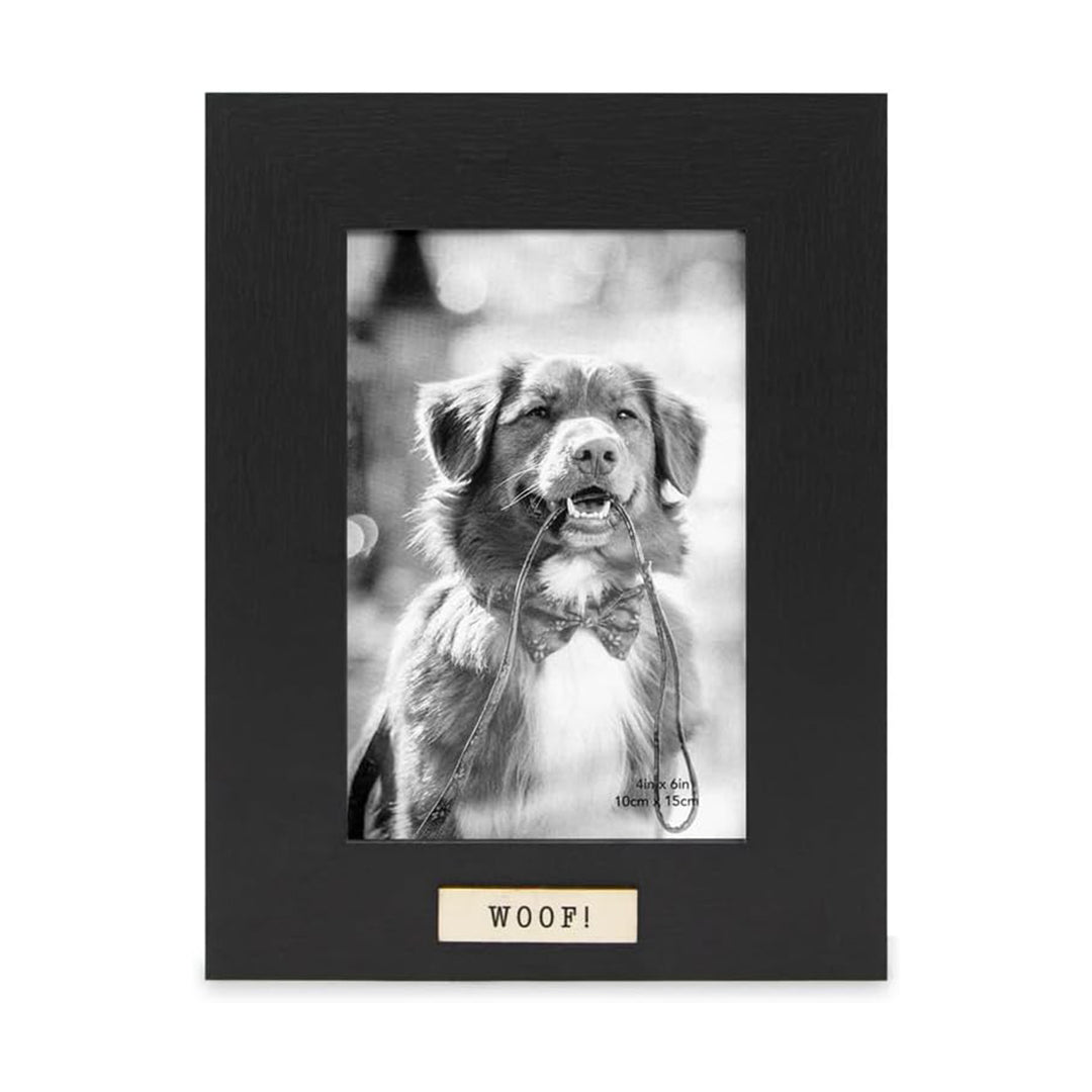 Isaac Jacobs Wood Sentiments Dog "Woof!" Picture Frame, Keepsake Photo Frame with Easel and a Hanging Tabs for Tabletop, Desktop &amp; Wall Display_