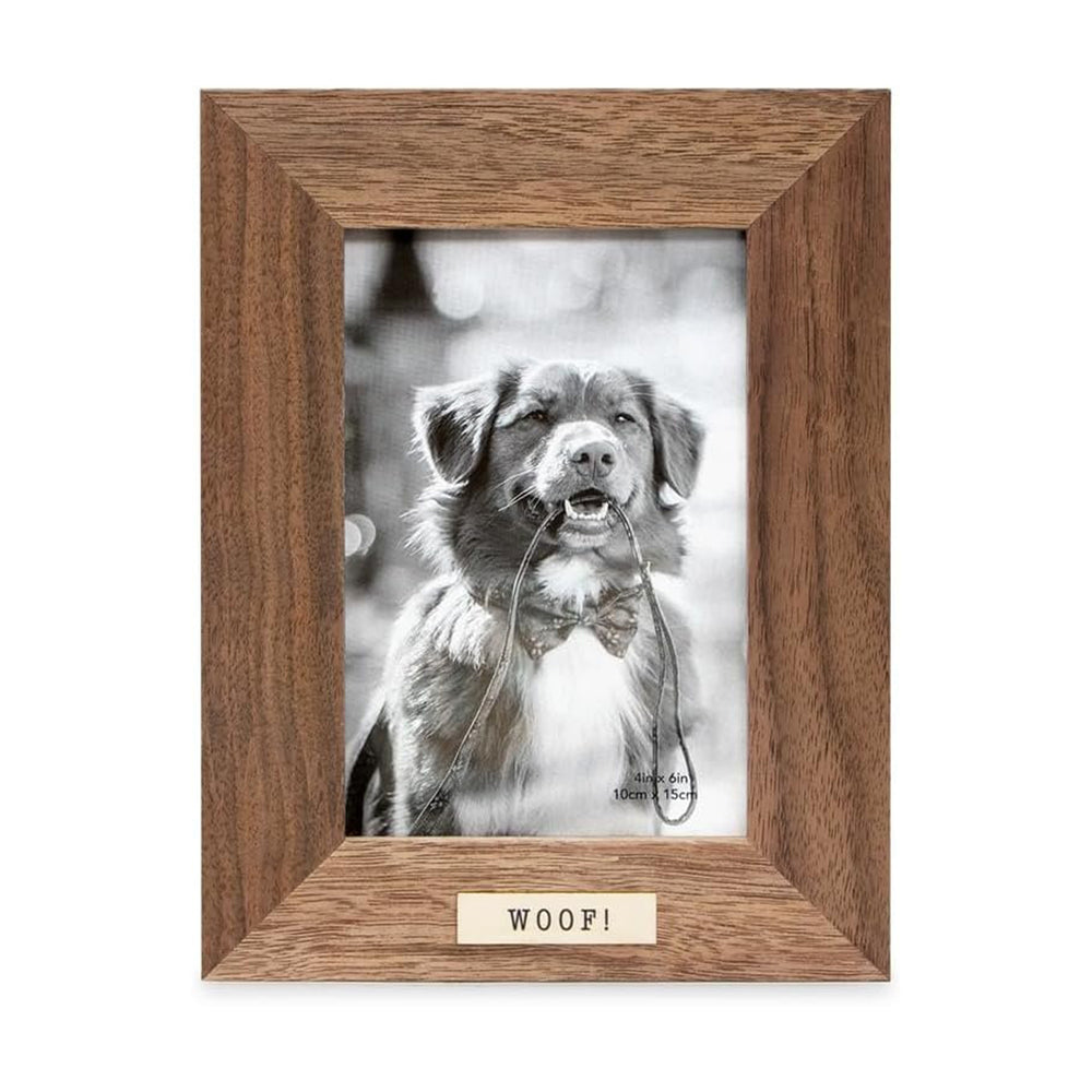 Isaac Jacobs Wood Sentiments Dog "Woof!" Picture Frame, Keepsake Photo Frame with Easel and a Hanging Tabs for Tabletop, Desktop & Wall Display_#color_brown_4x6_vertical