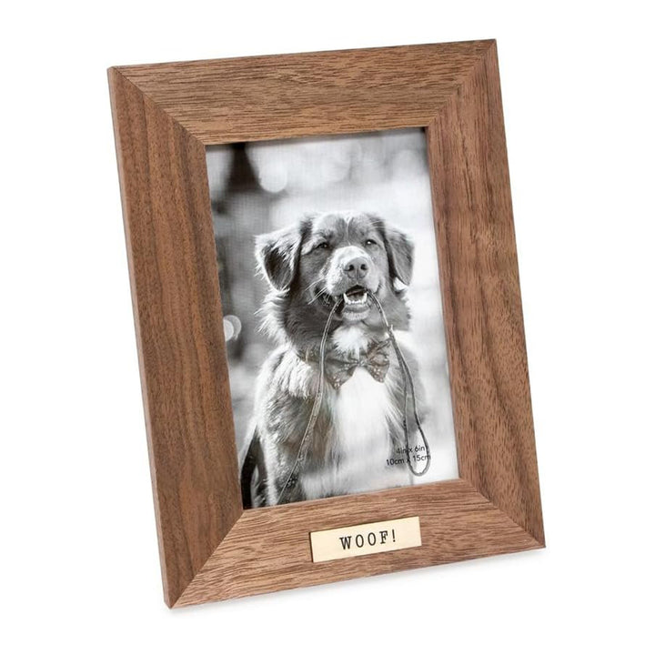 Isaac Jacobs Wood Sentiments Dog "Woof!" Picture Frame, Keepsake Photo Frame with Easel and a Hanging Tabs for Tabletop, Desktop &amp; Wall Display_
