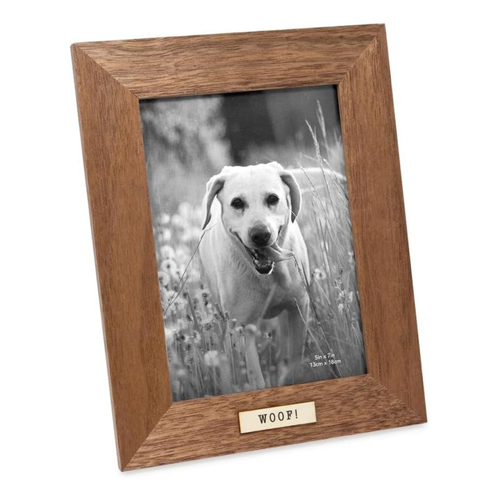 Isaac Jacobs Wood Sentiments Dog "Woof!" Picture Frame, Keepsake Photo Frame with Easel and a Hanging Tabs for Tabletop, Desktop &amp; Wall Display_