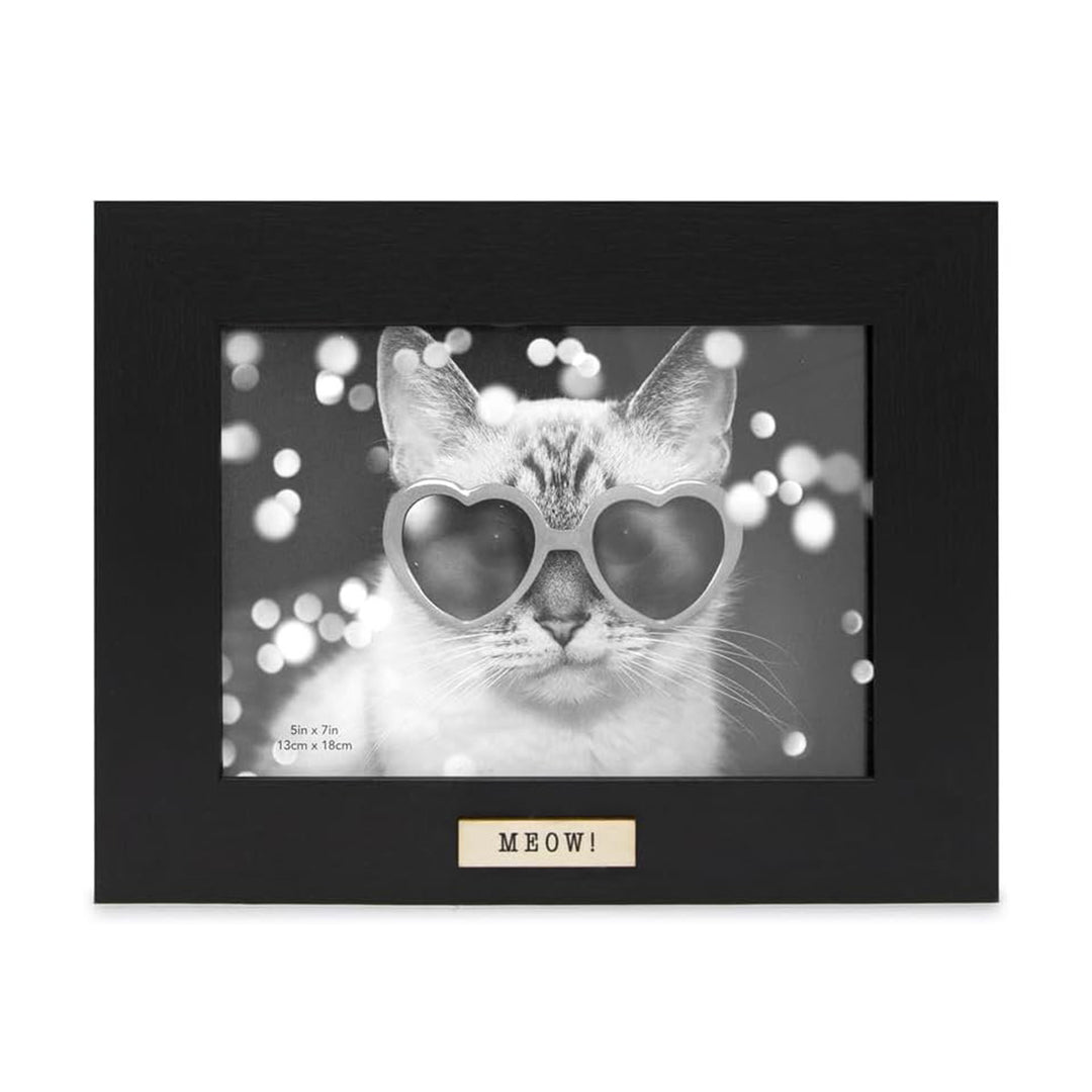 Isaac Jacobs Wood Sentiments Cat "Meow" Picture Frame, Keepsake Photo Frame with Easel and a Hanging Tabs for Tabletop, Desktop &amp; Wall Display_