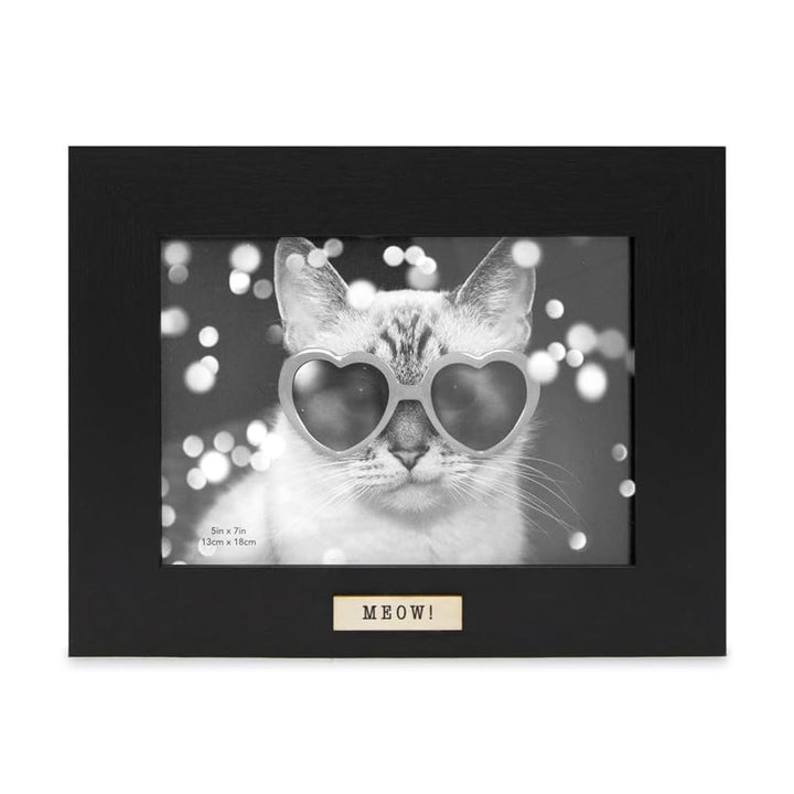 Isaac Jacobs Wood Sentiments Cat "Meow" Picture Frame, Keepsake Photo Frame with Easel and a Hanging Tabs for Tabletop, Desktop &amp; Wall Display_