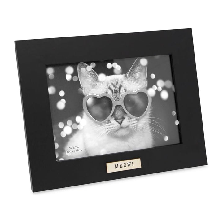 Isaac Jacobs Wood Sentiments Cat "Meow" Picture Frame, Keepsake Photo Frame with Easel and a Hanging Tabs for Tabletop, Desktop &amp; Wall Display_