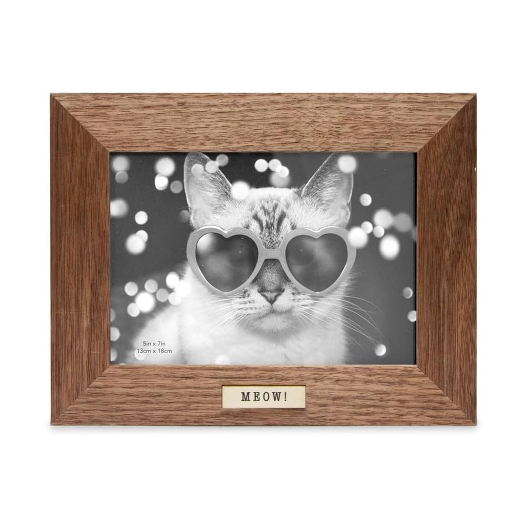 Isaac Jacobs Wood Sentiments Cat "Meow" Picture Frame, Keepsake Photo Frame with Easel and a Hanging Tabs for Tabletop, Desktop &amp; Wall Display_