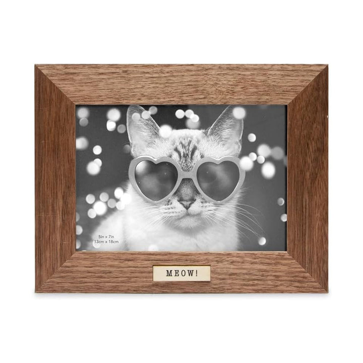 Isaac Jacobs Wood Sentiments Cat "Meow" Picture Frame, Keepsake Photo Frame with Easel and a Hanging Tabs for Tabletop, Desktop &amp; Wall Display_