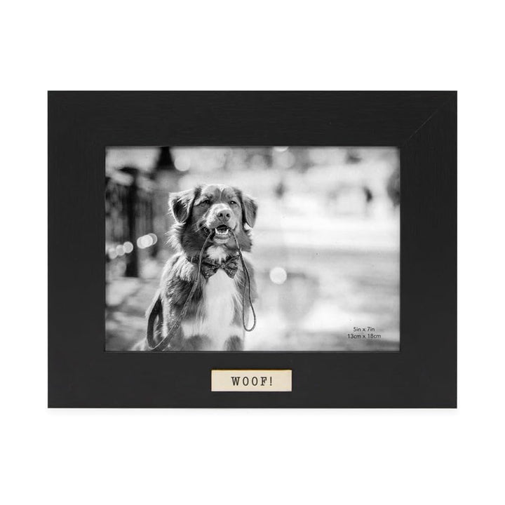 Isaac Jacobs Wood Sentiments Dog "Woof!" Picture Frame, Keepsake Photo Frame with Easel and a Hanging Tabs for Tabletop, Desktop &amp; Wall Display_