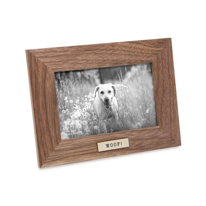 Isaac Jacobs Wood Sentiments Dog "Woof!" Picture Frame, Keepsake Photo Frame with Easel and a Hanging Tabs for Tabletop, Desktop &amp; Wall Display_