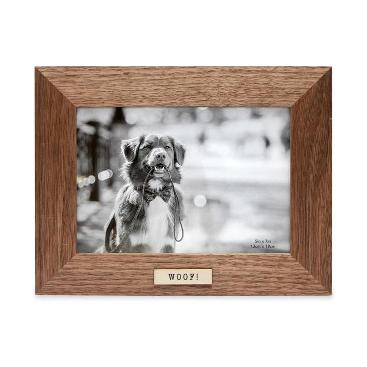 Isaac Jacobs Wood Sentiments Dog "Woof!" Picture Frame, Keepsake Photo Frame with Easel and a Hanging Tabs for Tabletop, Desktop &amp; Wall Display_