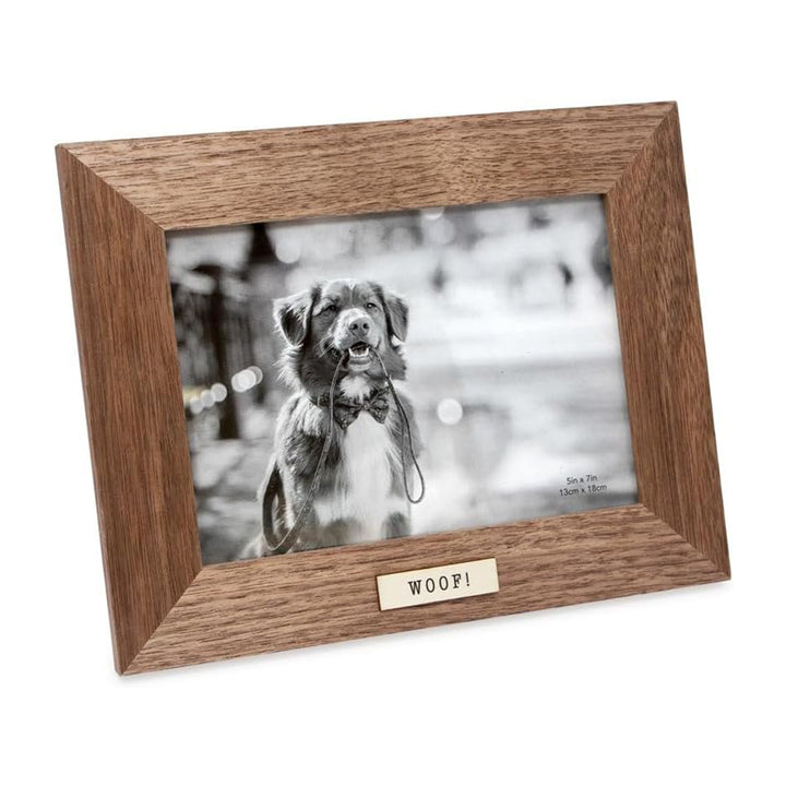 Isaac Jacobs Wood Sentiments Dog "Woof!" Picture Frame, Keepsake Photo Frame with Easel and a Hanging Tabs for Tabletop, Desktop &amp; Wall Display_