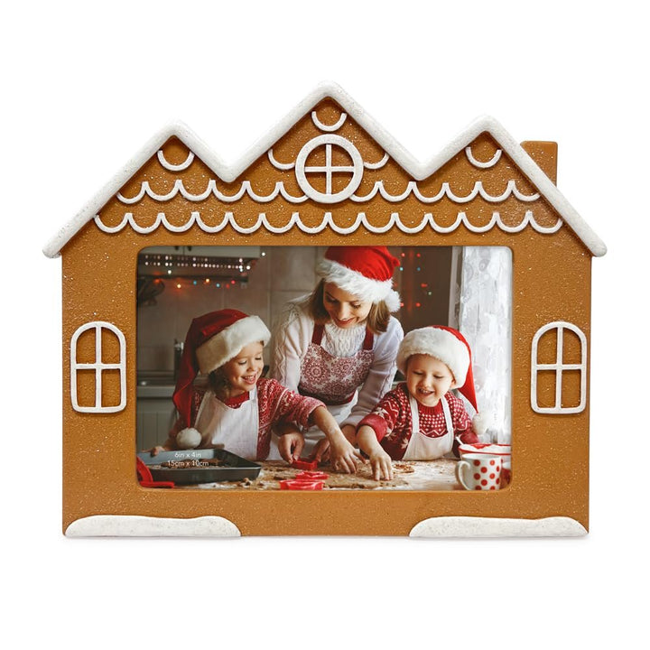 Isaac Jacobs Holiday‑Inspired Gingerbread House Picture Frame, Glitter Resin Picture Frame, Tabletop or Wall Display, Home Décor_