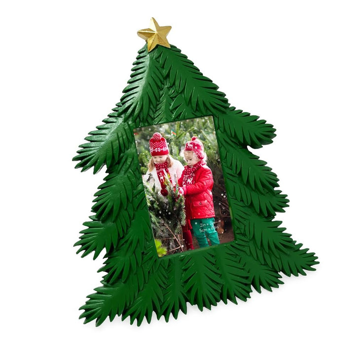 Isaac Jacobs 4x4 Holiday-Inspired Christmas Tree Picture Frame, Green with Gold Star, Tabletop and Wall Display, Home Décor, Resin Frame, Holidays (4x4, Green, with Arched Photo Window)
