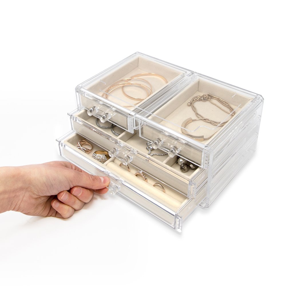 Isaac Jacobs Clear Acrylic 4-Drawer Jewelry Organizer (9.25” x 5.4” x 4.25”) w/ Velvet Lining, Stackable Storage Box For Rings, Necklaces, Bracelets, Earrings &amp; Watches, Tabletop Display Case