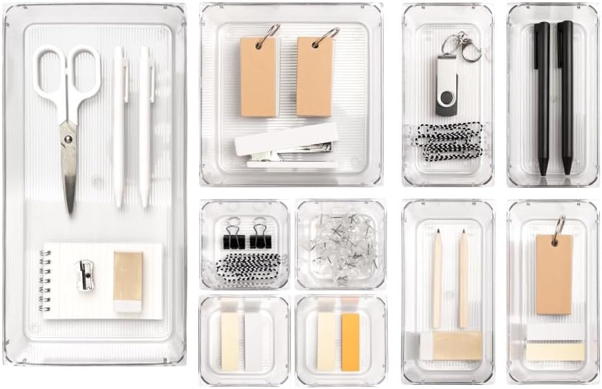 Isaac Jacobs Clear Drawer Organizer Set, Plastic Storage Bin, Multi-Use, Home, Office, Closet, Pantry, Bedroom, Bathroom, Kitchen