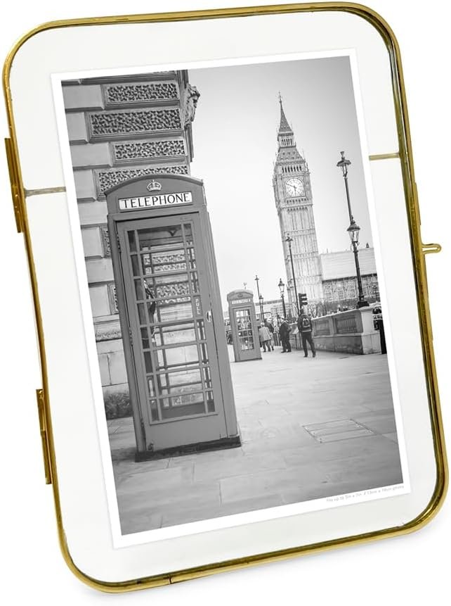 Isaac Jacobs Vintage Style, Round-Edged Brass &amp; Glass Metal Floating Picture Frame with Locket Closure (Horizontal), Made for Tabletop Display