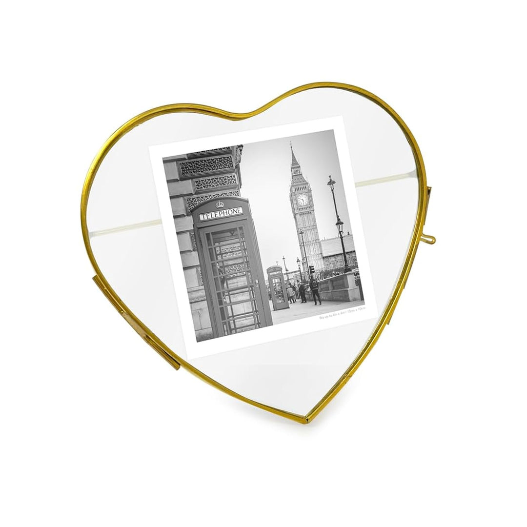 Isaac Jacobs (4"x4" Vintage Style Heart-Shaped Brass and Glass Ornament Frame with Locket Closure (Vertical) (Antique Gold), Metal Floating Frame, Made for Tabletop Display