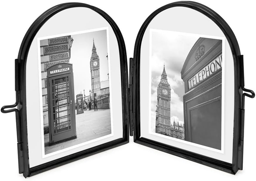 Isaac Jacobs Vintage Style, Double-Sided Arched Brass &amp; Glass Metal Floating Picture Frame with Locket Closure (Vertical), Made for Tabletop Display