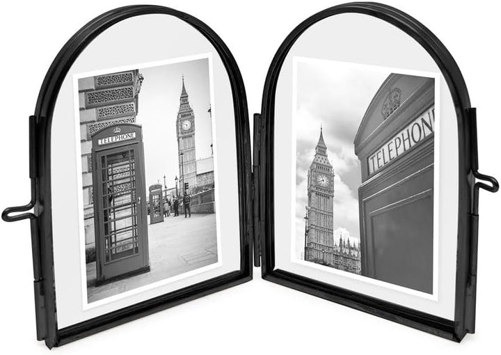 Isaac Jacobs Vintage Style, Double-Sided Arched Brass &amp; Glass Metal Floating Picture Frame with Locket Closure (Vertical), Made for Tabletop Display